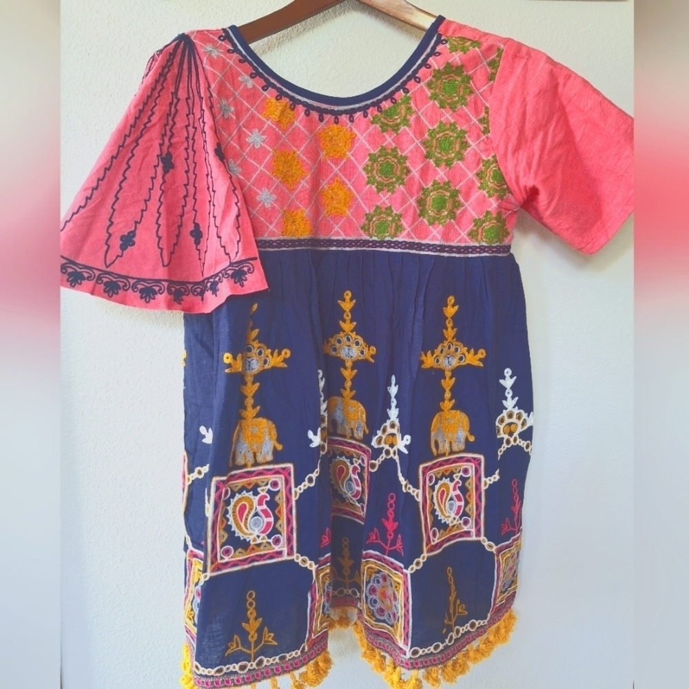 Mesmora Linen Cotton Blend Embroidered India Boho Top Womens Size M/L